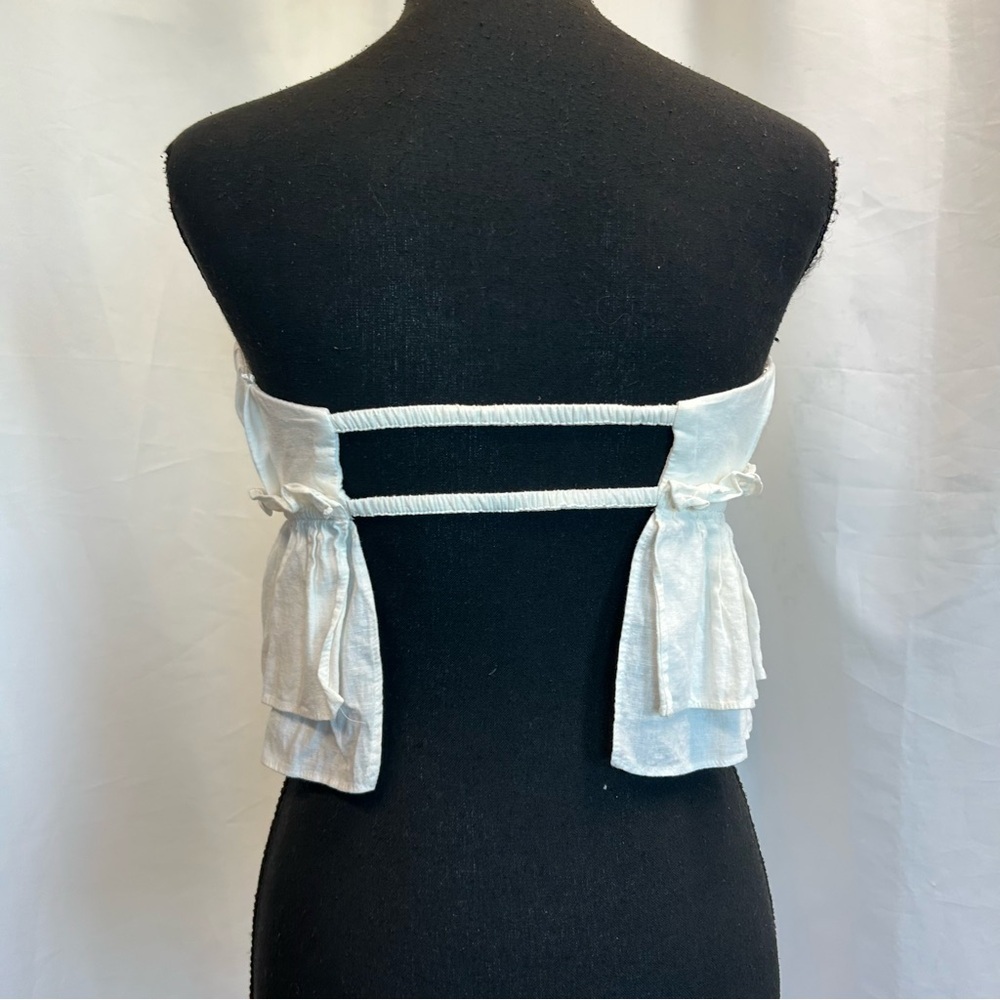 Zara white pleated ruched layered ruffle frill strapless open back top blouse M - Picture 5 of 14